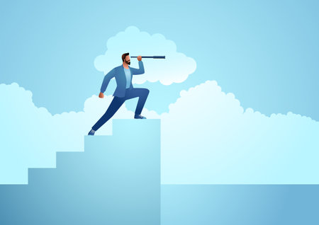 Business vector illustration of a man using telescope on stairsのイラスト素材
