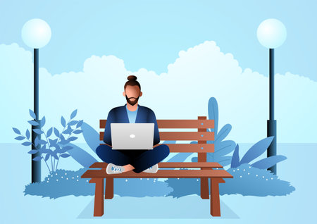 Young man sitting on wooden bench in the park while working with laptop, vector illustrationのイラスト素材