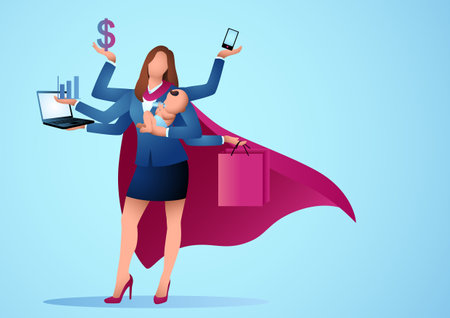 Vector illustration of a businessswoman wears superhero cape with many hands, supermom, multitasking conceptのイラスト素材