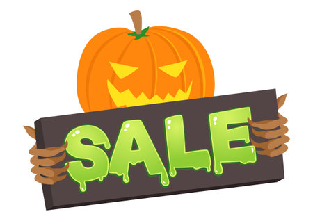Simple flat cartoon illustration of Jack O Lantern holding Sale promotion board, Halloween, vector illustrationのイラスト素材