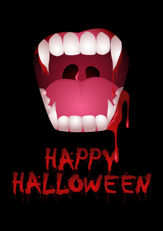 Vector illustration of bloody vampire teeth on black background, Halloween, horror themeのイラスト素材