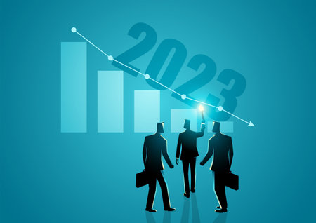Business growth to slow through 2023, businessman with torch leading other businessmen behind him into the year 2023のイラスト素材