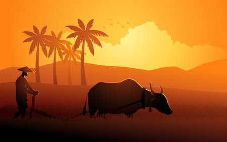 Southeast Asian farmer plowing paddy field using water buffalo, vector illustrationのイラスト素材