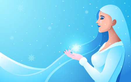 Beautiful woman with long hair in the winter, vector illustrationのイラスト素材