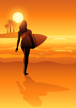 Surfer girl walking on the beach, summer vacation, water sports, vector illustrationのイラスト素材