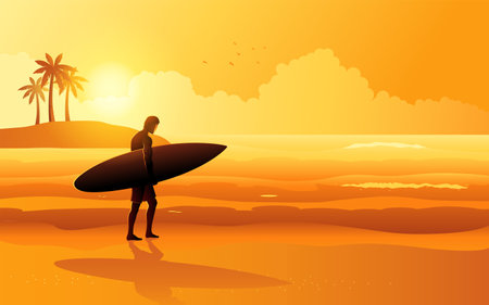 Beach panorama of a surfer walking on the beach, summer vacation, water sports, vector illustrationのイラスト素材