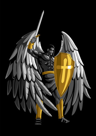 Archangel with sword and shield on black backgroundのイラスト素材