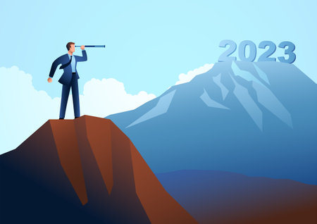 Businessman looking at the fuzziness of the year 2023 through telescope, forecast, prediction in...