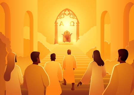 Biblical silhouette illustration series, Jesus sits on the throne of heaven welcoming the arrival of his followersのイラスト素材