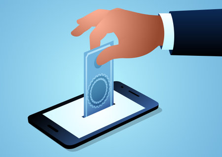 A hand put money into cellular phone, online donation, investment concept, vector illustrationのイラスト素材