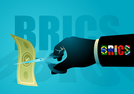 Vector illustration of a hand with scissors and the BRICS flags symbol cutting a dollar banknote, a risk to the American economy since the brics refuse to conduct trade in dollarsのイラスト素材