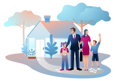Happy family couple with kids in front of their house, vector illustration for home sweet home, real estate, residential conceptのイラスト素材