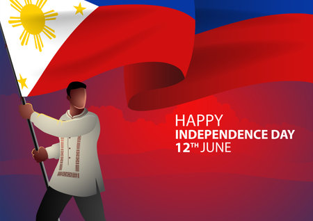 Filipino wearing traditional Philippines clothes holding the flag of Philippines, independence day, vector illustrationのイラスト素材