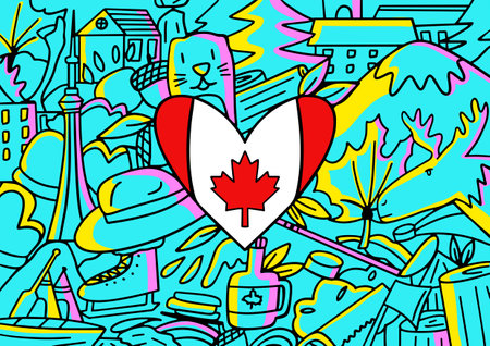 Mural doodle art with Canada flag in heart shape decorated with the country famous elements and icons, vector illustrationのイラスト素材