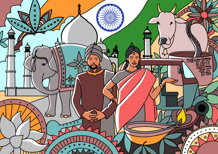 Mural doodle art of India flag decorated with the country famous elements and icons, vector illustrationのイラスト素材