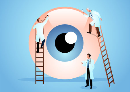 Vector graphic illustration of team of doctors diagnose human eye. Ophthalmologist, ophthalmology conceptのイラスト素材