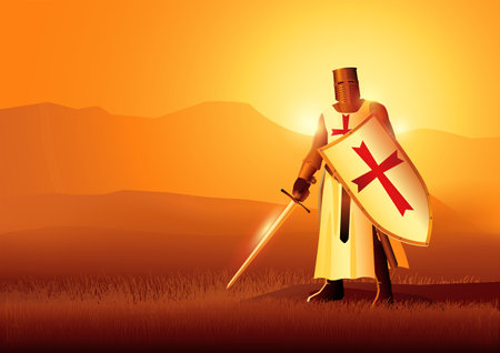 Knight of Templar holding a sword and a shield on dramatic landscape, vector illustrationのイラスト素材
