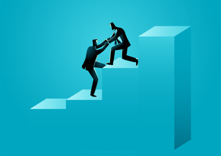 Businessman helps his colleague climbing graph chart, team work, regeneration sucess in business conceptsのイラスト素材
