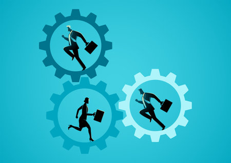 Illustration shows a businessmen and a businesswoman running in cogwheels to make them rotate, team work collaboration to achieve business goalのイラスト素材