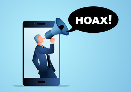 Male figure with long nose comes out from cellphone using megaphone to spread hoaxes, influencer, key opinion leaders, vector illustrationのイラスト素材