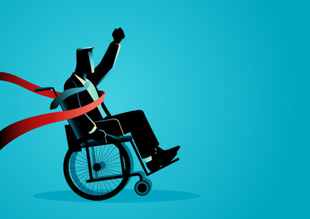 Vector illustration of businessman in wheelchair crossing finish lineのイラスト素材