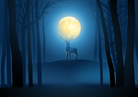 Beautiful scenery of a deer during full moon in the woods, vector illustrationのイラスト素材