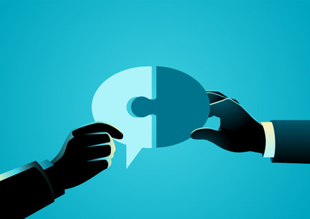 Business concept of two hands put together a puzzle that forms a bubble text, communication concept, vector illustrationのイラスト素材