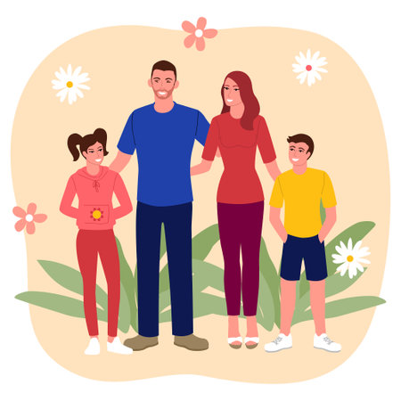 Clip art of happy family with two children, simple flat vector illustrationのイラスト素材