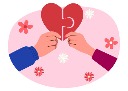 Clip art of a man and woman hand holding each part of puzzle heart symbol, vector illustrationのイラスト素材