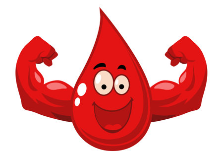 Funny cartoon character of blood drop with muscular hands, vector illustrationのイラスト素材