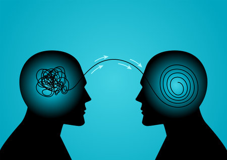 Human mind with its tangled threads sends out its tangles and transforming into orderly circle thread by other human minds, problem solver, solution, coaching conceptのイラスト素材