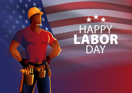 Blue collar worker proudly stands against the backdrop of the American flag, Happy Labor Day greeting card templateのイラスト素材