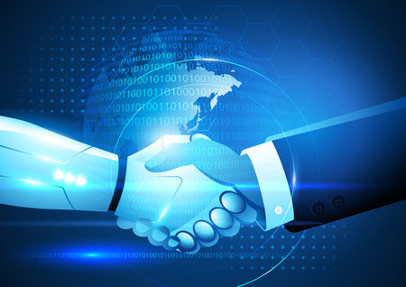 Businessman and a robot engaging in a handshake. Intersection of human expertise and technological advancement. Dynamic relationship between human ingenuity and AI innovation in various industriesのイラスト素材