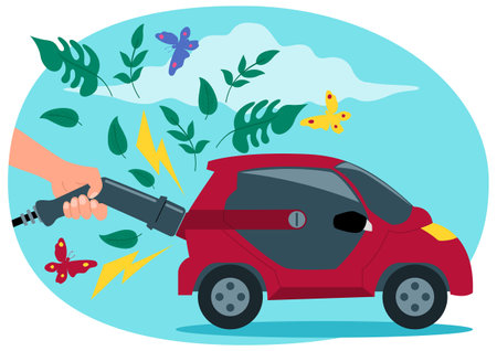 Hand charging an electric car, leaves and butterflies emerge from the cars exhaust, idea of sustainable transportation. Green energy, eco friendly and environmental awareness.のイラスト素材