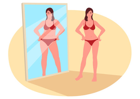 Woman examines herself in a mirror, facing inner turmoil about her body size, portrayal of body image issues and the intricate nature of self-perceptionのイラスト素材
