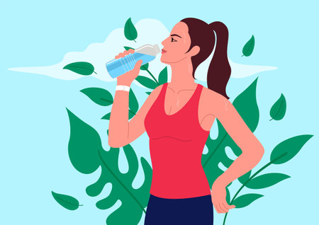 Illustration of an attractive young woman drinking water after a workout. Refresh and rejuvenate, fitness, wellness, self-care, healthy habits, active lifestyle, and the importance of staying hydratedのイラスト素材