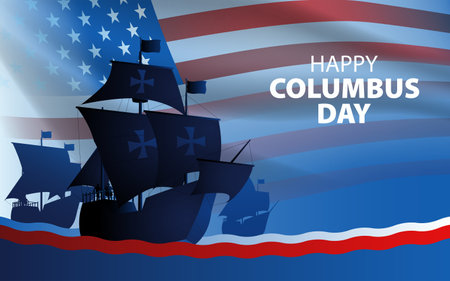 Columbus ship, La Santa Maria, Pinta and Nina sailing across the vast ocean on USA flag background. It symbolizes historical exploration and the spirit to discover new worldのイラスト素材