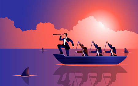 Businessmen united in courage as they row a boat across shark-infested waters, embodying the essence of teamwork, leadership, and triumph against adversityのイラスト素材