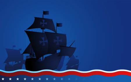 Columbus ship, La Santa Maria, Pinta and Nina sailing across the vast ocean on blue background. It symbolizes historical exploration and the spirit to discover new worldのイラスト素材