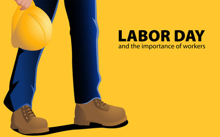 Worker legs with boots, holding a safety helmet. Template for Labor Day greeting card, it embodies dedication, safety, and gratitude towards the labor force across diverse industriesのイラスト素材