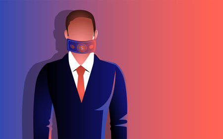 Businessman mouth covered by a money bills, symbolizing the bribery and ethical dilemmas. Depiction of financial gains, moral integrity, business ethics, and corruptionのイラスト素材