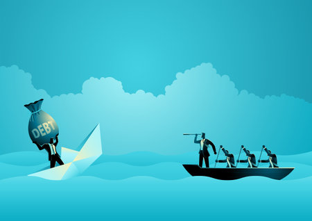 Businessman battles financial turmoil as debt sinks his paper ship. Nearby businessmen rowboat, symbolizing support and collaboration, reach out to helpのイラスト素材