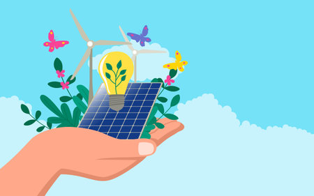 Hand holding renewable energy icons adorned with natures beauty. A harmonious blend of sustainability and innovation, ideal for projects promoting eco-friendly practices and a balanced futureのイラスト素材