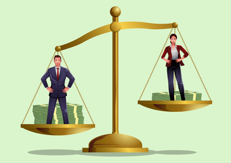 Businessman and businesswoman stand on a golden scale, conveys the disparity in salary, with the businessman appearing heavier. Sparks discussions on gender pay gaps and workplace inequalityのイラスト素材
