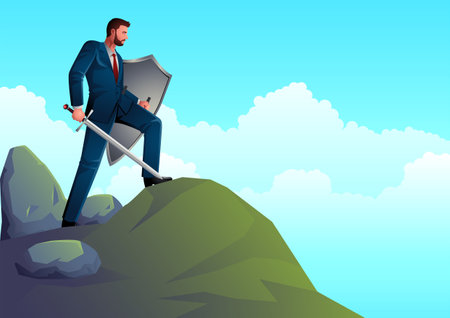 Business concept vector illustration of an optimistic businessman holding a sword and shield standing on top of a rock, preparation, protection, precaution in business conceptのイラスト素材
