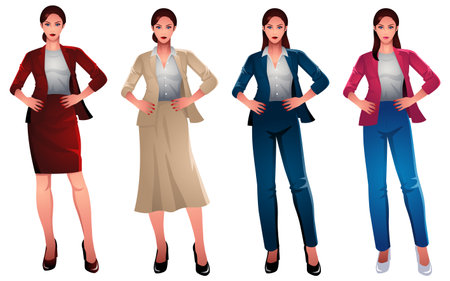 Collection featuring beautiful businesswomen showcasing a variety of fashion styles, from corporate chic to casual confidence. Emphasizing individuality, personal branding, fashion and professionalismのイラスト素材
