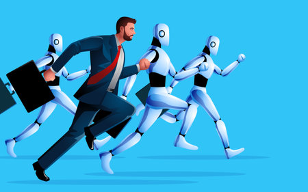 Illustration of a businessman racing against robots, depiction of human ingenuity challenging technological advancement. Innovation, competition, and the quest for excellence in modern businessのイラスト素材