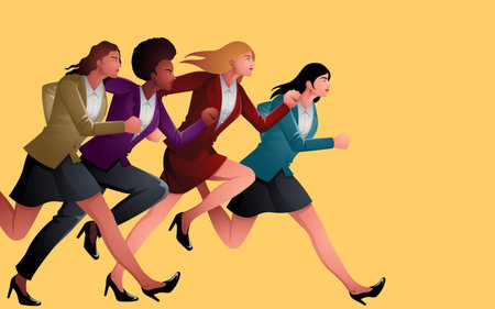 Four businesswomen, representing different ethnicities, unite in a determined stride forward. Ideal for projects promoting women in business, cultural diversity, inclusivity, and empowermentのイラスト素材