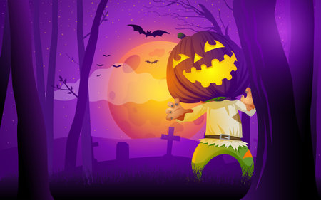Cartoon illustration of a jack o lantern peeking out from behind a tree, perfect for Halloween-themed content, spooky invitations, and holiday decorationsのイラスト素材