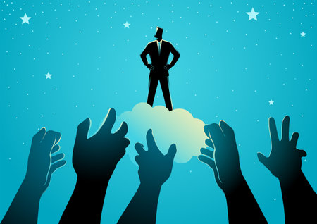 Confident businessman standing on a cloud, hands on hips, surrounded by stars, while hands reach out in an attempt to touch him. Represents exaltation, glory, and the embodiment of a strong figureのイラスト素材